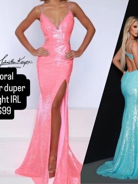 Johnathan Kayne Coral Sequin V-Neck Slit Evening Gown